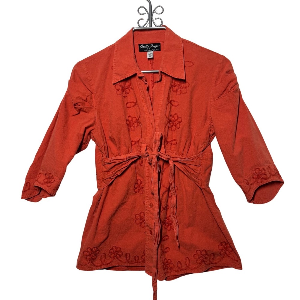 Gretry Zueger Embroidered Tie Waist Top M Orange Good Cotton Boho Floral
